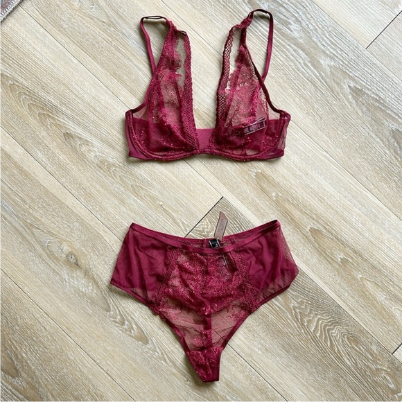 Victoria's Secret Other - 🆕 Victoria’s Secret Sheer Lace Bra & Panty Set – Wine/Burgundy